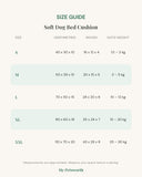 Size guide for the soft dog bed cushion with measurements in centimetres and inches