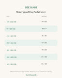 Size guide for the waterproof dog sofa cover with measurements in centimetres and inches