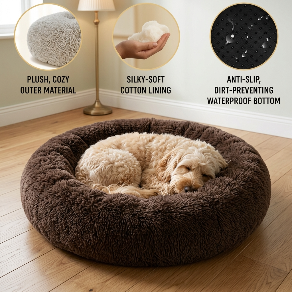 Donut dog bed with raised rim, washable plush — My Petsworth