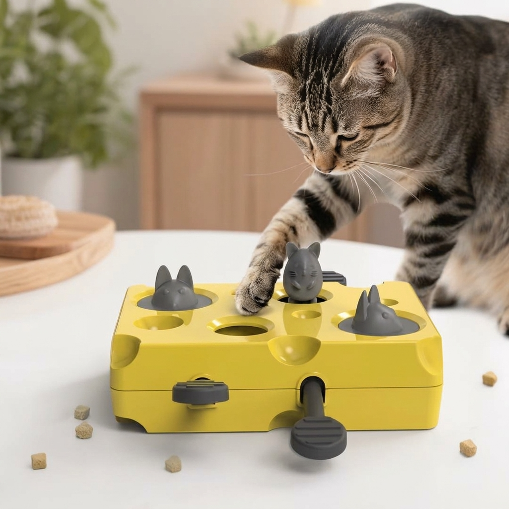 Interactive cat puzzle toy with pop-up mice and treat dispenser — My Petsworth