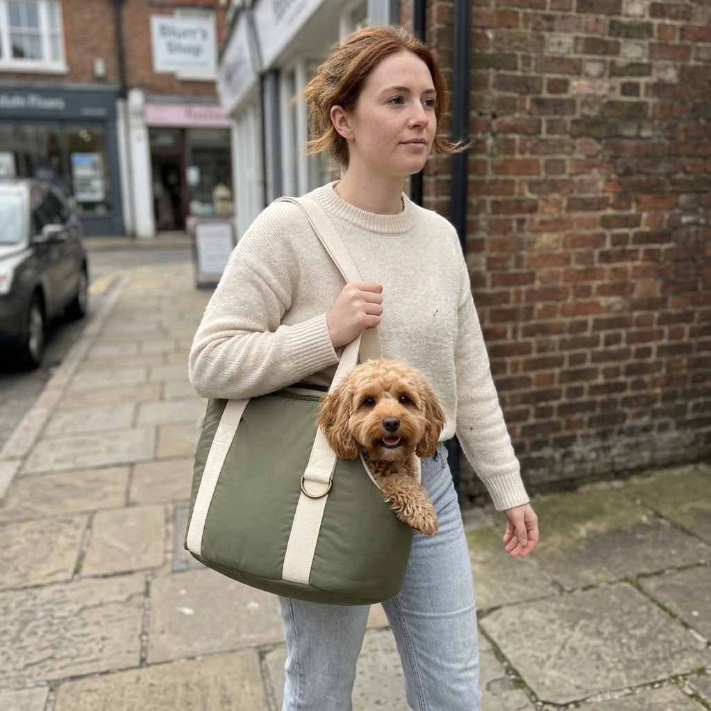 Dog travel carrier bag open showing sleeping pad interior