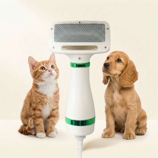 Pet hair dryer brush 2-in-1 quiet grooming tool studio shot