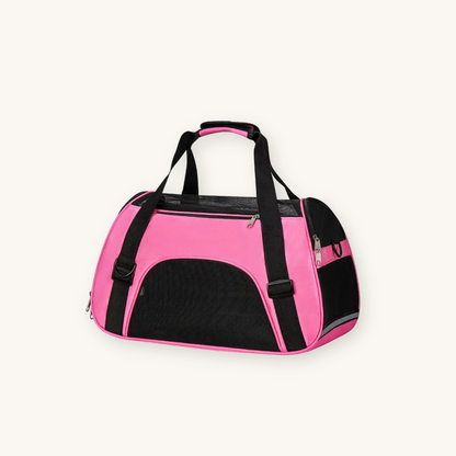 Pink foldable pet carrier travel bag on cream background — My Petsworth