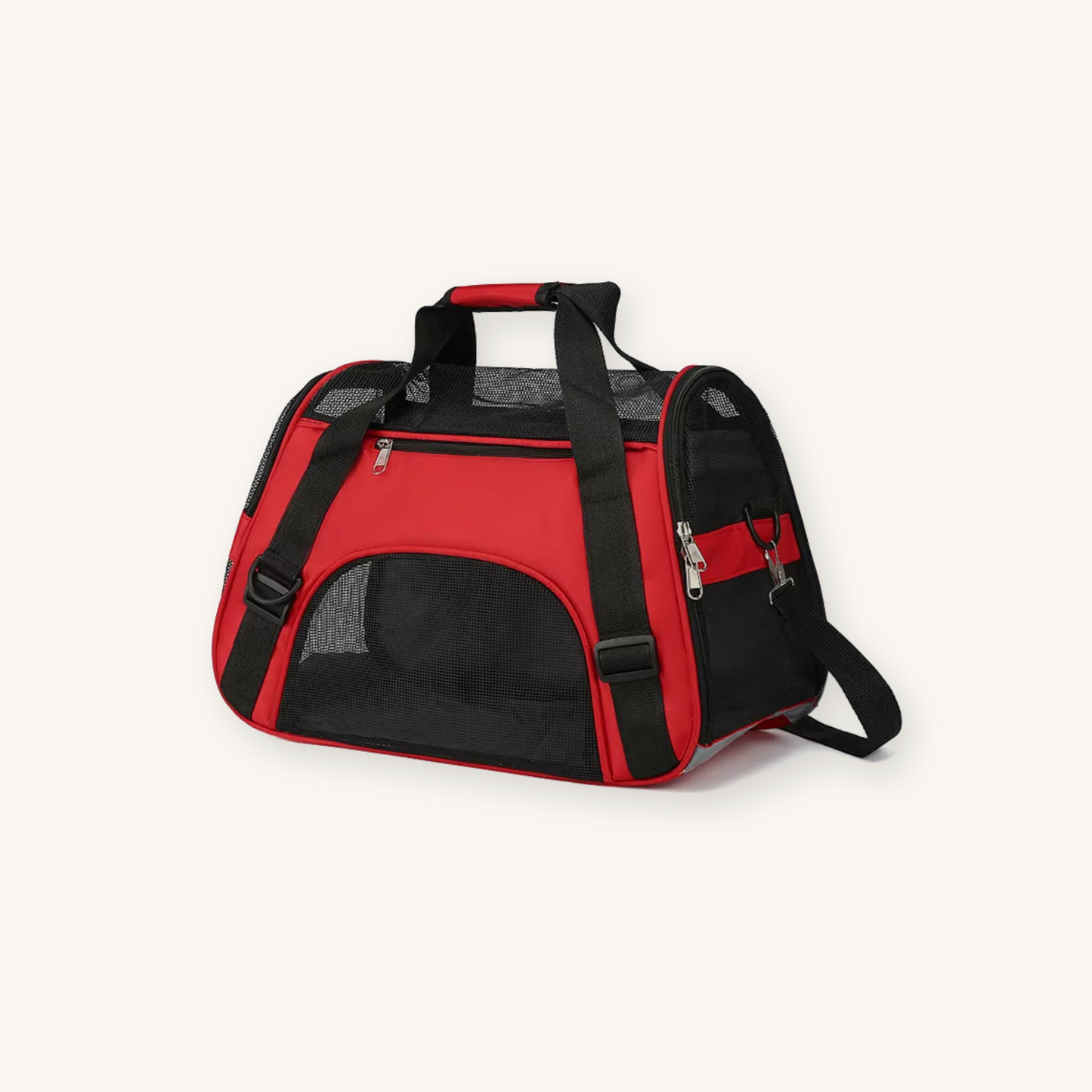 Red foldable pet carrier travel bag on cream background — My Petsworth