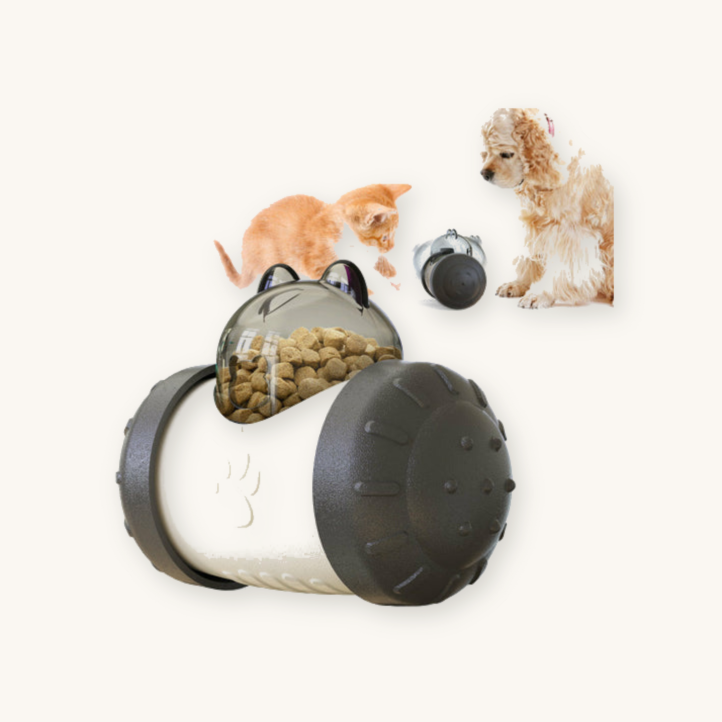 Black interactive cat treat dispenser toy on cream background — My Petsworth