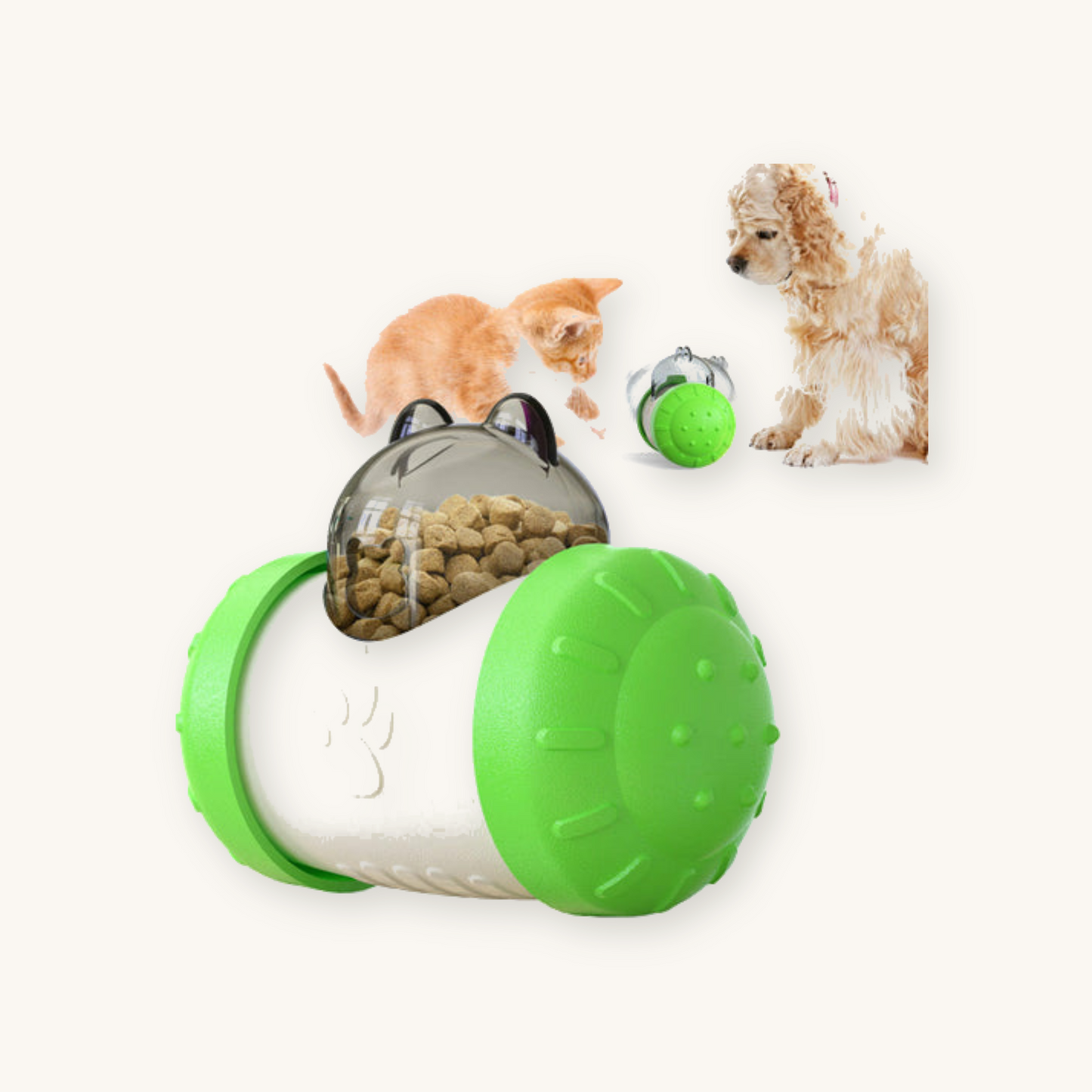 Green interactive cat treat dispenser toy on cream background — My Petsworth