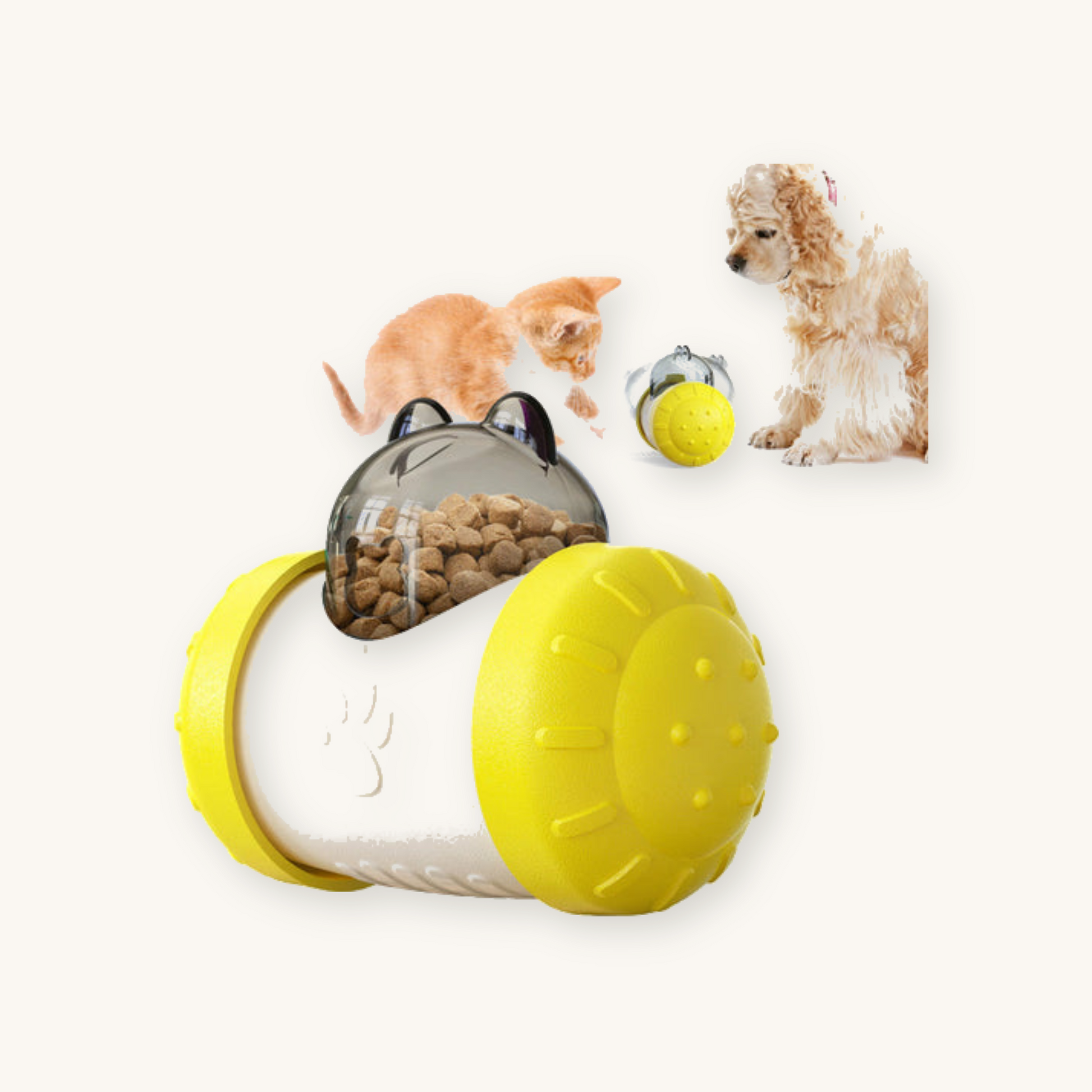 Yellow interactive cat treat dispenser toy on cream background — My Petsworth