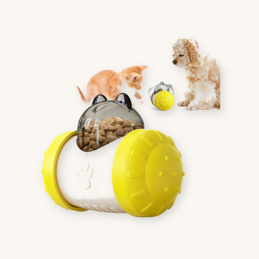 Yellow interactive cat treat dispenser toy on cream background — My Petsworth