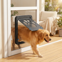 Black 4-way lockable pet door for windows & screens, lifestyle photo