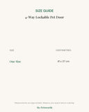 Size guide for the 4-way lockable pet door showing measurements in centimetres for each size