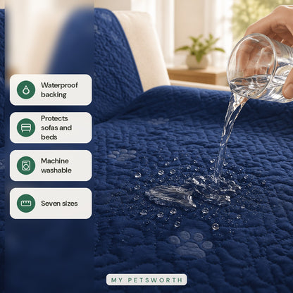 Waterproof bed protector mat features: waterproof backing, protects sofas and beds, machine washable, seven sizes — My Petsworth