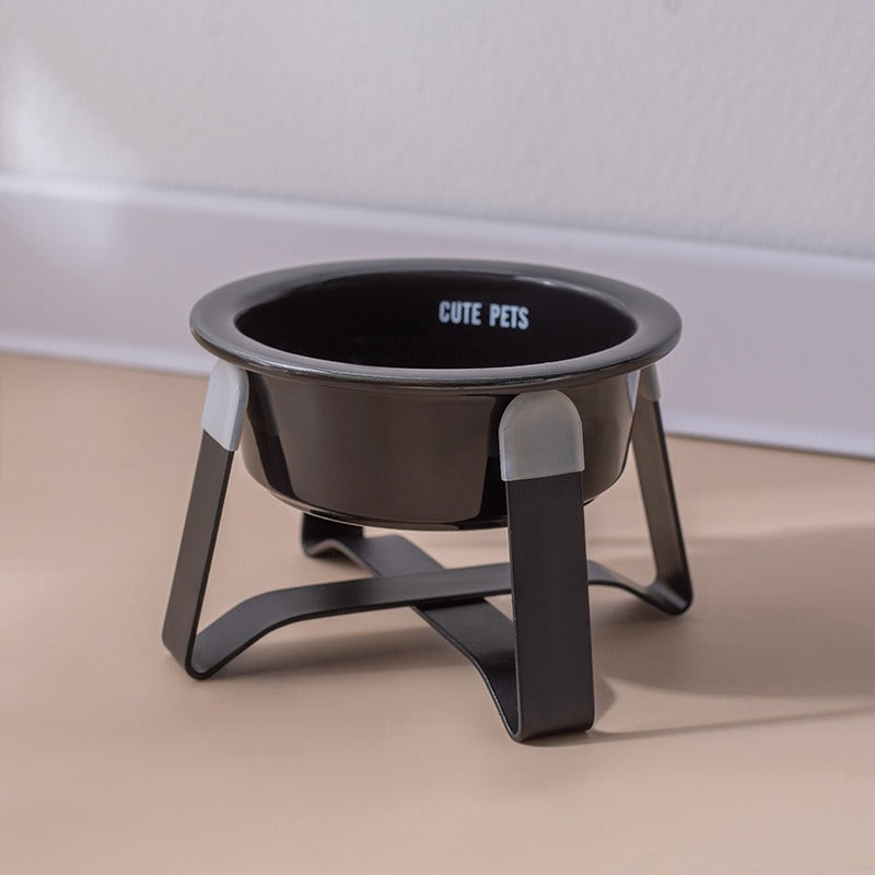 Ceramic pet bowl in its raised metal cross-frame stand — My Petsworth