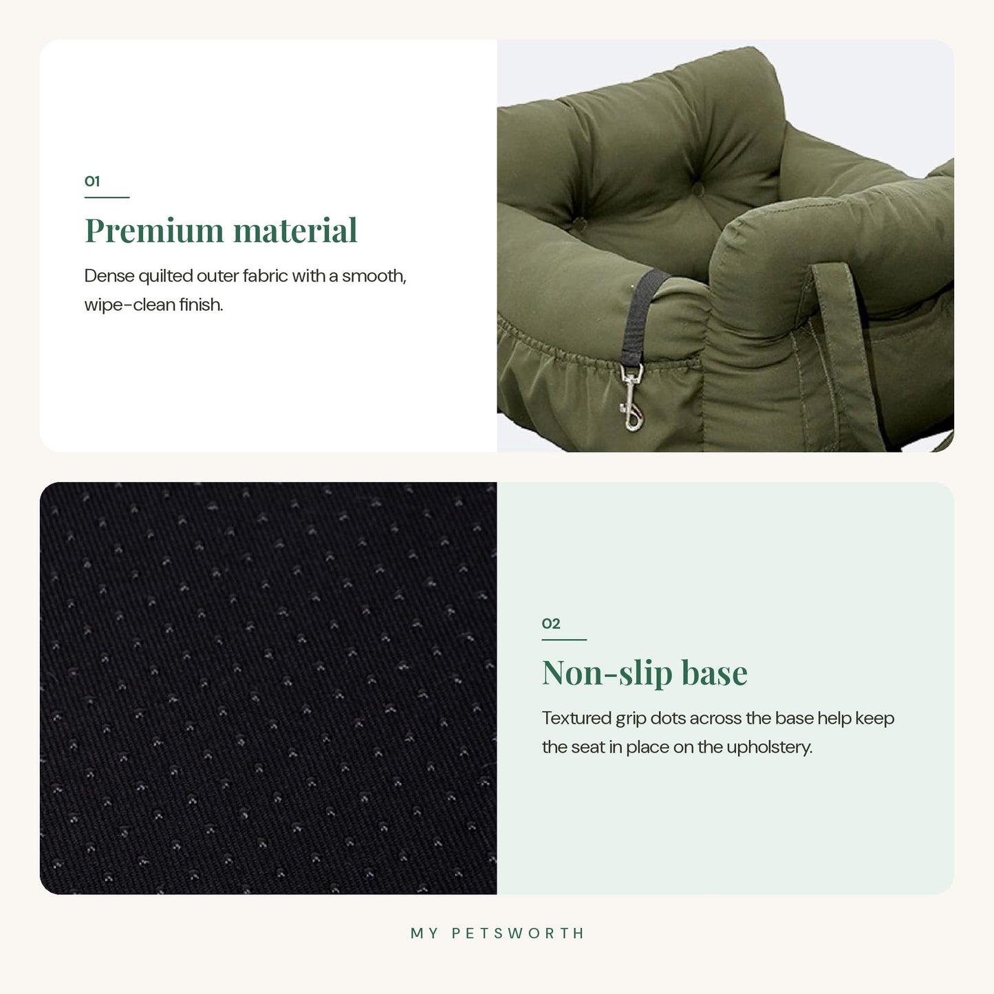 Feature overview: quilted fabric and non-slip base of the green dog car seat — My Petsworth