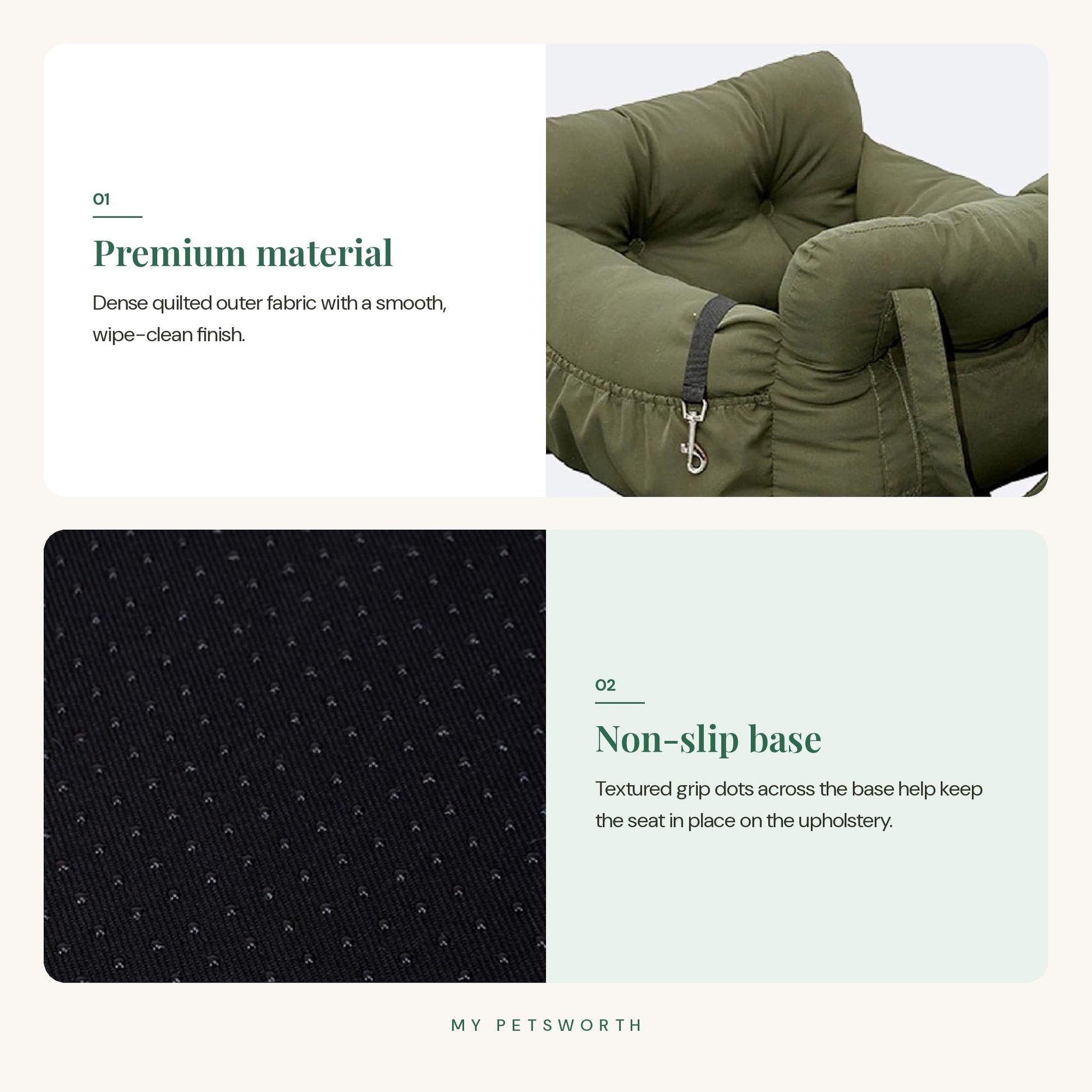Feature overview: quilted fabric and non-slip base of the green dog car seat — My Petsworth