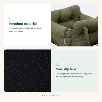 Feature overview: quilted fabric and non-slip base of the green dog car seat — My Petsworth