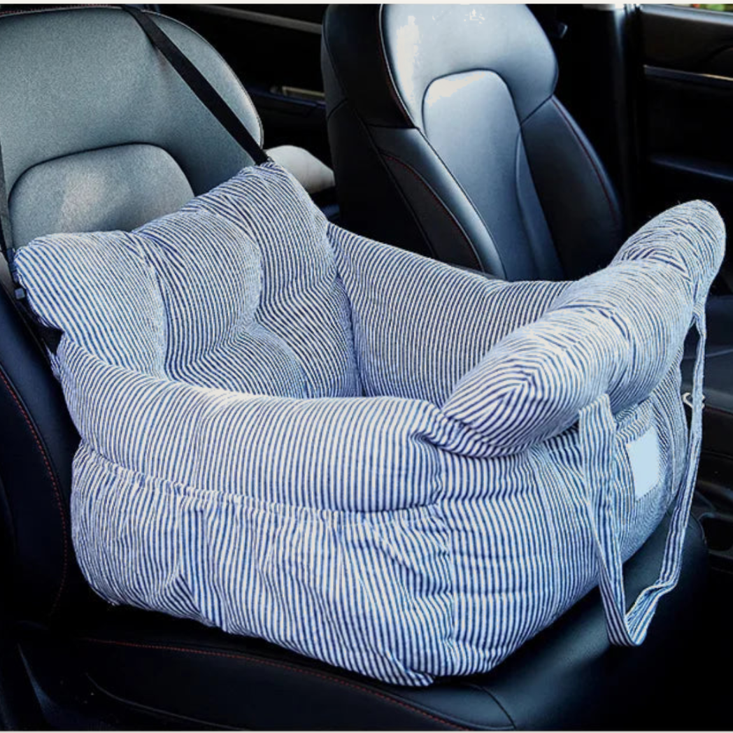 Blue and white striped dog car seat fitted on a car back seat — My Petsworth