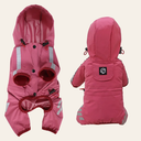 Pink waterproof dog jumpsuit raincoat front and back view — My Petsworth