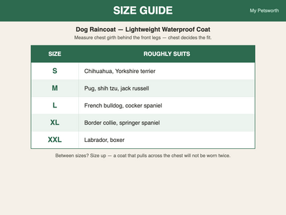 Dog raincoat lightweight size guide S to XXL — My Petsworth