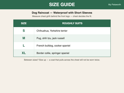 Dog raincoat short sleeves size guide S to XL — My Petsworth