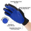 Blue silicone pet grooming glove showing the silicone tips, mesh back and adjustable wrist strap — My Petsworth