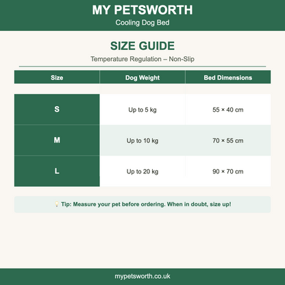 Size chart for the cooling dog bed, sizes S to L — My Petsworth