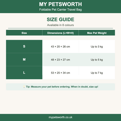 Foldable pet carrier travel bag size chart — My Petsworth