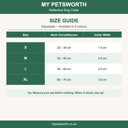 Reflective dog collar size chart S to XL — My Petsworth
