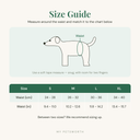 Size guide for the reusable washable sanitary pants for female dogs showing measurements in centimetres for each size