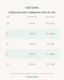 Size chart for the knitted dog cardigan, XS to XL in centimetres