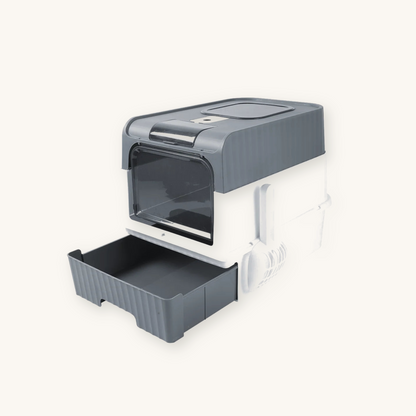 Gray hooded cat litter box with drawer — My Petsworth