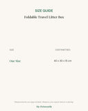 Size guide for the foldable travel litter box showing measurements in centimetres for each size