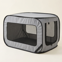Grey foldable mesh travel crate for dogs and cats on a cream background