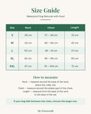 Size guide for the waterproof dog raincoat with hood showing neck, chest and length in centimetres for each size